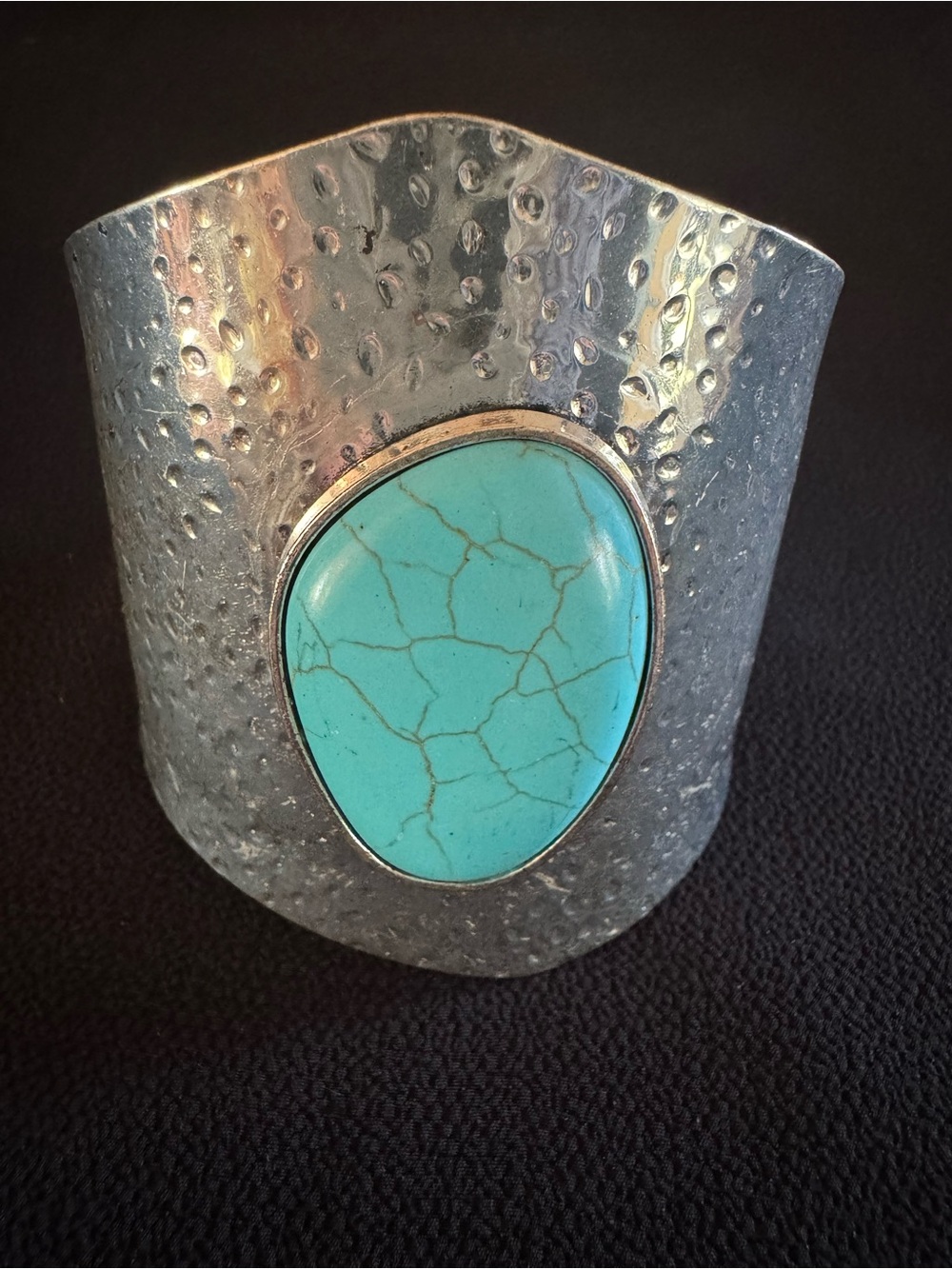 Large Faux Turquoise Hammered Silver Tone Statement Cuff